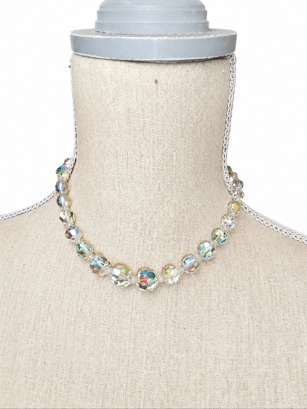 Vintage Iridescent Aurora Borealis Crystal Bead Necklace Retro Glam Choker